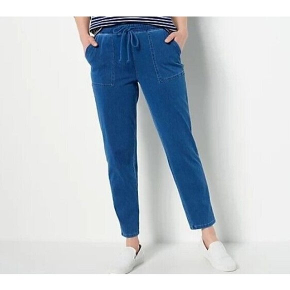 Denim & Co. Regular Confy Knit Rir Denim Tapered Leg Pant w/ Po Medium Wash,L - Picture 1 of 1